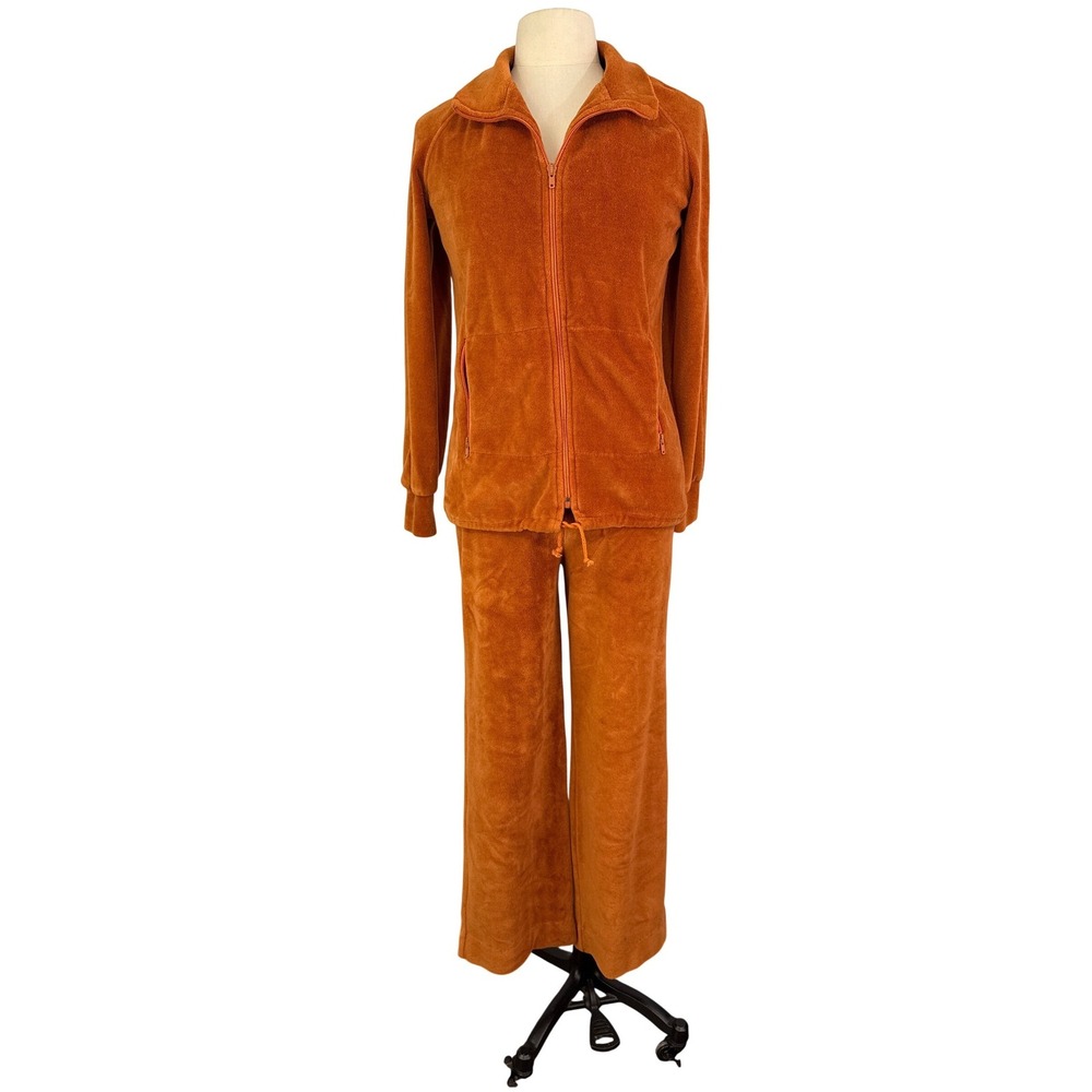 Vintage 70s Patty Woodard California Burnt Orange Velour Tracksuit Sweat Suit M